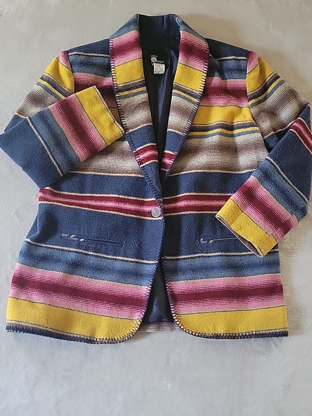 Boho Southwestern Striped Blanket Coat Aztec Style Wool Blend Jacket | PLarge